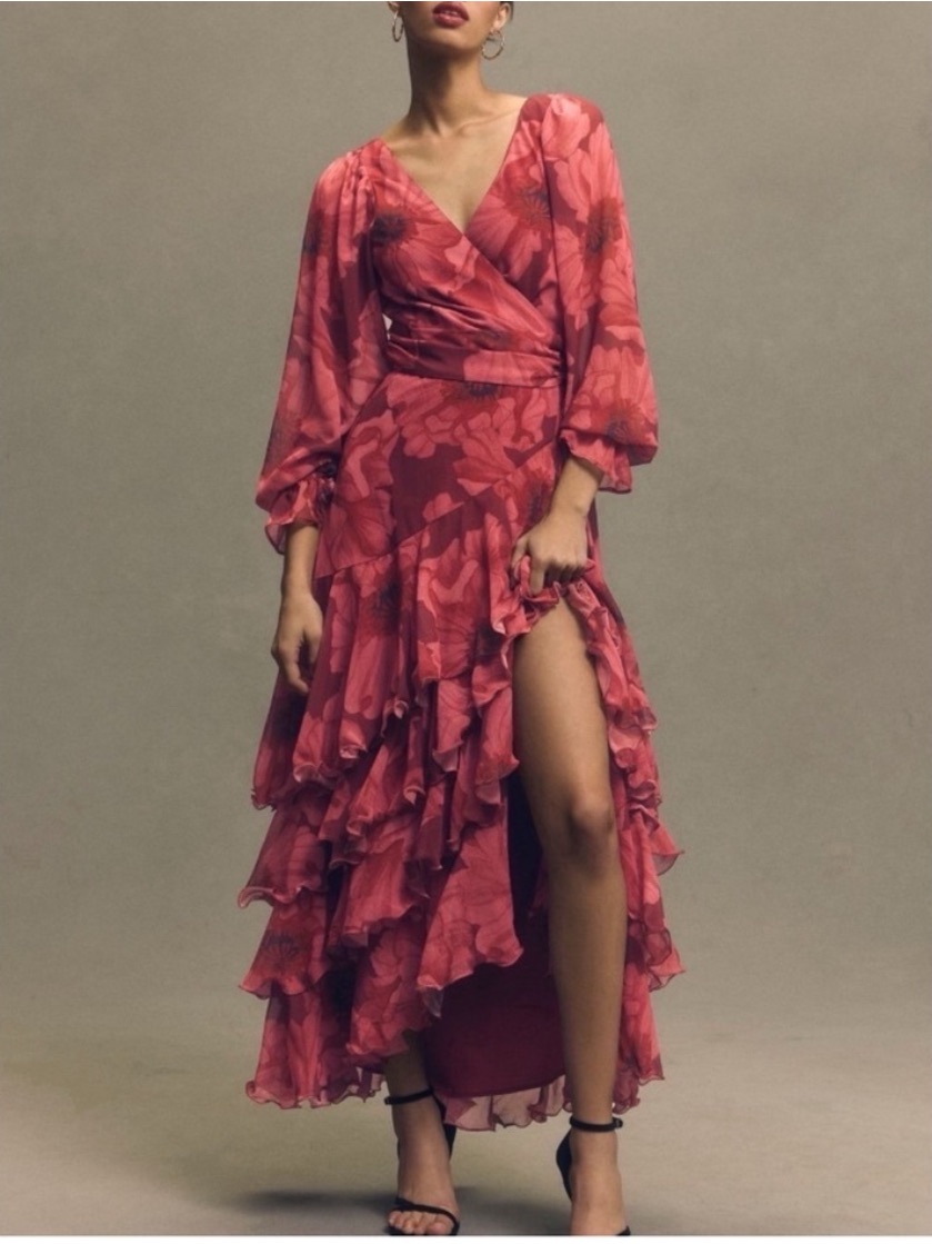 Nwt Anthro Hutch Kya Long-Sleeve V-Neck Wedding Party Tiered Wrap Maxi Dress,Xs